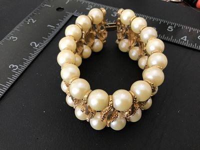 Vintage Gold Tone and Faux Pearl Wide Panel Bracelet