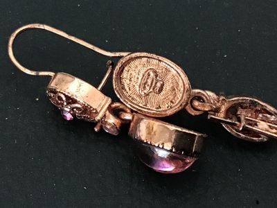 Vintage Rose Gold Tone Pink Cabochon Dangle Earrings