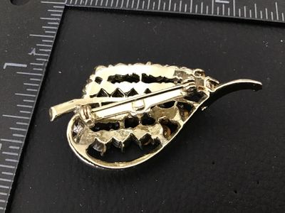 Vintage Gold Tone Pink and Red Rhinestone Leaf Brooch