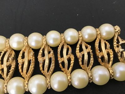 Vintage Gold Tone and Faux Pearl Wide Panel Bracelet