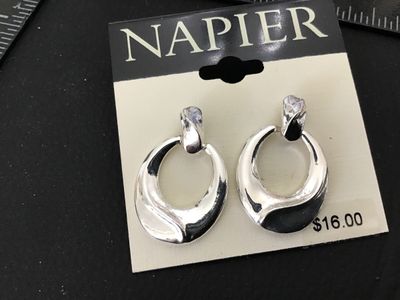 Vintage Napier Silver-Tone Hoop Drop Earrings on Original Card