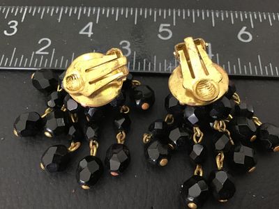 Vintage Black Faceted Glass Bead Cluster Clip-On Earrings