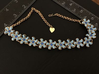 Vintage Coro Blue Enamel and Lucite Rhinestone Flower Choker Necklace
