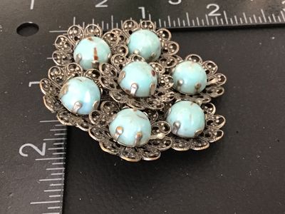 Vintage Silver Tone Filigree Brooch with Glass Turquoise Cabochons
