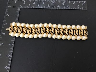 Vintage Gold Tone and Faux Pearl Wide Panel Bracelet