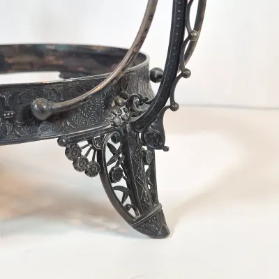 LOT 33: Antique Hand Painted Blue Glass Bowl on Ornate Silverplate Basket Stand from James W, Tufts