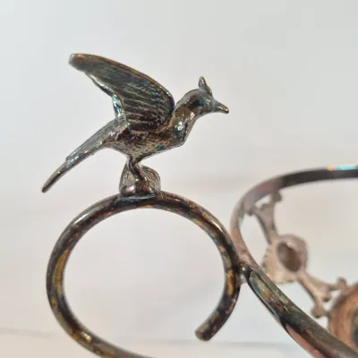 LOT 54: Victorian Bride's Bowl with Pink & White Crimped Bowl on Bird-Handled Silverplate Pedestal