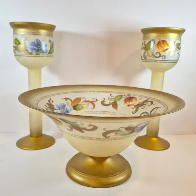 LOT 112: Vintage Hand Blown Gipar-Italy Pedestal Candle Holders with Matching Console Bowl-Signed