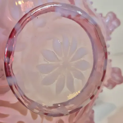 LOT 34: Victorian Bride's Basket with Cranberry Opalescent Poinsettia Glass on Silverplate Base