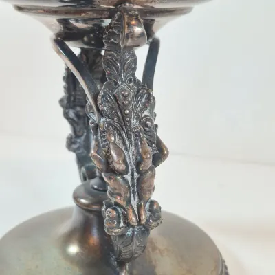 LOT 35: Antique Hand Painted Bride's Bowl on Wilcox Silverplate Stand with Cherubs