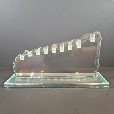 LOT 121: Art Glass Menorah by Stephen Schlanser, Fused-Art Glass Seder Plates & Etched Glass Dreidel