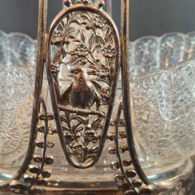 LOT 115: Antique Bride's Basket with Shell & Tassel Glass Bowl in Ornate Pickle Castor Style Basket with Sterling Silver Fork