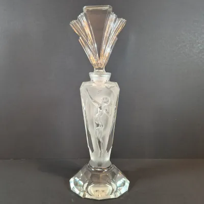LOT 117: Vintage 11" Glass 3-Panel Dancing Nudes Art Deco Style Perfume Bottle Signed J. Pesničák