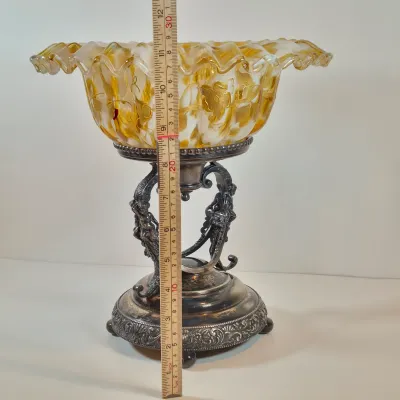 LOT 35: Antique Hand Painted Bride's Bowl on Wilcox Silverplate Stand with Cherubs