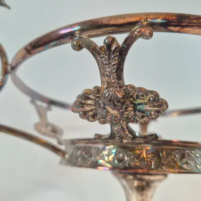 LOT 54: Victorian Bride's Bowl with Pink & White Crimped Bowl on Bird-Handled Silverplate Pedestal