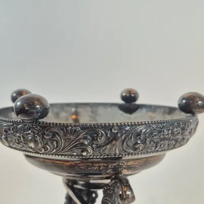LOT 35: Antique Hand Painted Bride's Bowl on Wilcox Silverplate Stand with Cherubs