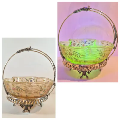 LOT 43: Antique Hand Painted Threaded Uranium Glass Bowl-Bridal Basket Meriden B Silverplate Floral Stand