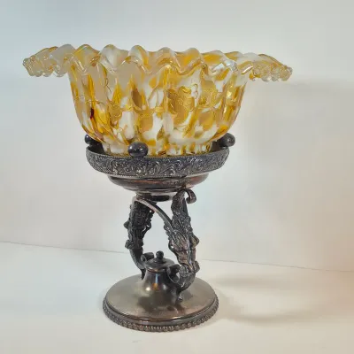LOT 35: Antique Hand Painted Bride's Bowl on Wilcox Silverplate Stand with Cherubs