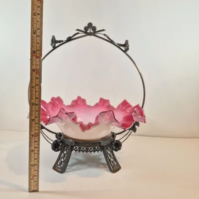 LOT 51: Antique Bride's Bowl with Pink & White Ruffled Bowl on Ornate Floral Silverplate Base by Middletown Co