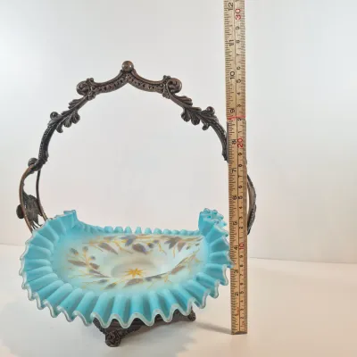 LOT 37: Antique Bride's Basket with Hand Painted Bowl in Cherry Handled Pairpoint Silverplate Basket
