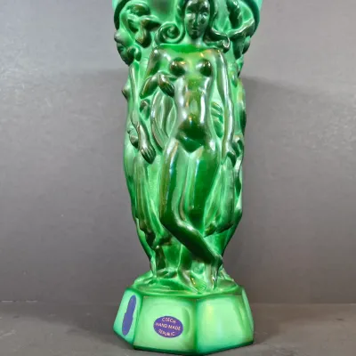 LOT 120: Bohemian Malachite Glass Figural Nudes Vase