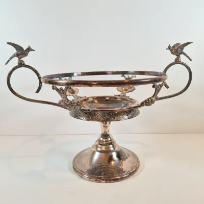 LOT 54: Victorian Bride's Bowl with Pink & White Crimped Bowl on Bird-Handled Silverplate Pedestal