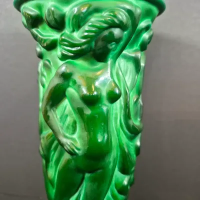 LOT 120: Bohemian Malachite Glass Figural Nudes Vase