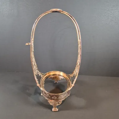 LOT 115: Antique Bride's Basket with Shell & Tassel Glass Bowl in Ornate Pickle Castor Style Basket with Sterling Silver Fork