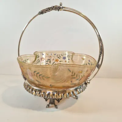 LOT 43: Antique Hand Painted Threaded Uranium Glass Bowl-Bridal Basket Meriden B Silverplate Floral Stand