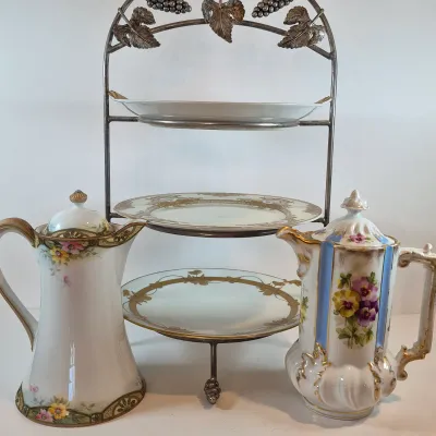 LOT 48: Vintage Porcelain Chocolate Pots & 3-Tier Stand with Hand Painted Platters by Noritake & Limoges France