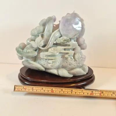 LOT 44: Vintage Lavendar & Pale Green Jadeite Jade Carved Dragon Statue with COA