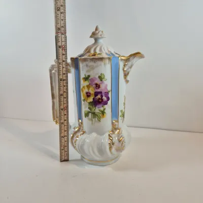 LOT 48: Vintage Porcelain Chocolate Pots & 3-Tier Stand with Hand Painted Platters by Noritake & Limoges France