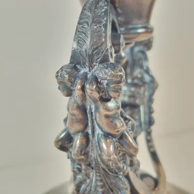 LOT 35: Antique Hand Painted Bride's Bowl on Wilcox Silverplate Stand with Cherubs