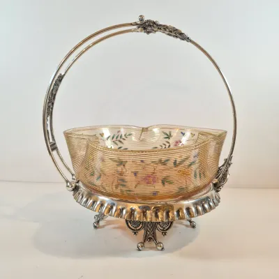 LOT 43: Antique Hand Painted Threaded Uranium Glass Bowl-Bridal Basket Meriden B Silverplate Floral Stand