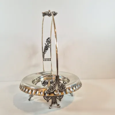LOT 43: Antique Hand Painted Threaded Uranium Glass Bowl-Bridal Basket Meriden B Silverplate Floral Stand