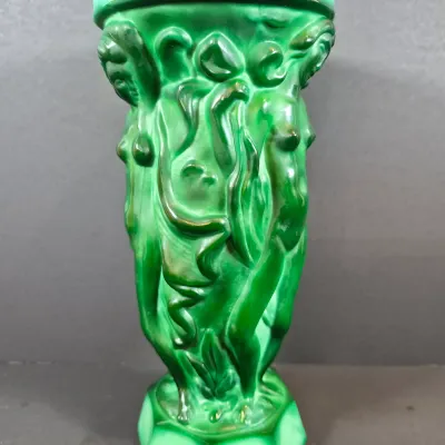 LOT 120: Bohemian Malachite Glass Figural Nudes Vase