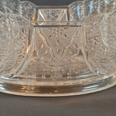 LOT 115: Antique Bride's Basket with Shell & Tassel Glass Bowl in Ornate Pickle Castor Style Basket with Sterling Silver Fork