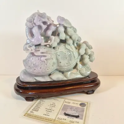 LOT 44: Vintage Lavendar & Pale Green Jadeite Jade Carved Dragon Statue with COA
