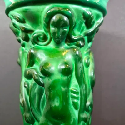 LOT 120: Bohemian Malachite Glass Figural Nudes Vase