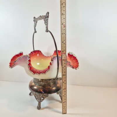 LOT 39: Antique Bride's Basket with Uranium Glass Bowl on Silverplate Stand