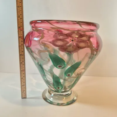 LOT 41: Vandermark Studios Floral Art Glass Vase by Doug Merritt & Stephen Smarr-HEAVY