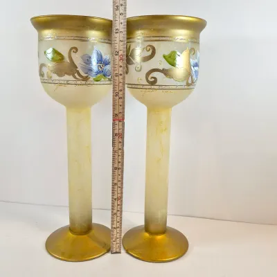 LOT 112: Vintage Hand Blown Gipar-Italy Pedestal Candle Holders with Matching Console Bowl-Signed
