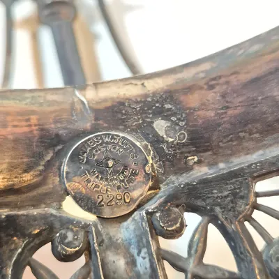 LOT 33: Antique Hand Painted Blue Glass Bowl on Ornate Silverplate Basket Stand from James W, Tufts