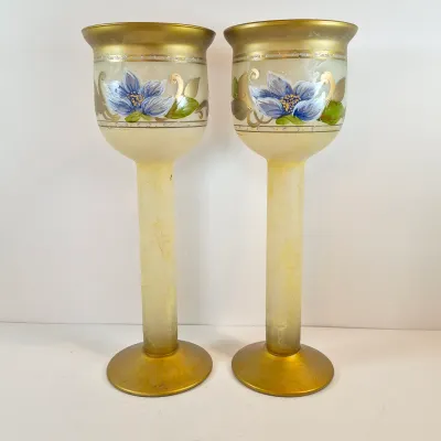 LOT 112: Vintage Hand Blown Gipar-Italy Pedestal Candle Holders with Matching Console Bowl-Signed
