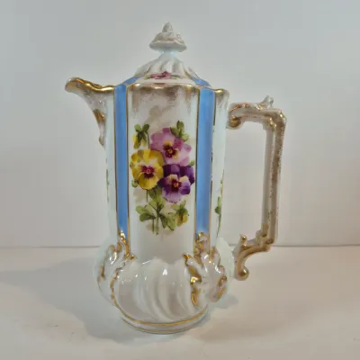 LOT 48: Vintage Porcelain Chocolate Pots & 3-Tier Stand with Hand Painted Platters by Noritake & Limoges France