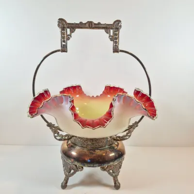LOT 39: Antique Bride's Basket with Uranium Glass Bowl on Silverplate Stand