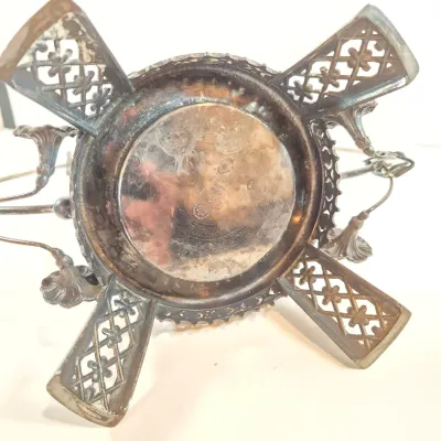 LOT 51: Antique Bride's Bowl with Pink & White Ruffled Bowl on Ornate Floral Silverplate Base by Middletown Co