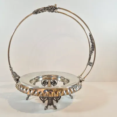 LOT 43: Antique Hand Painted Threaded Uranium Glass Bowl-Bridal Basket Meriden B Silverplate Floral Stand