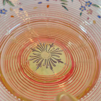 LOT 43: Antique Hand Painted Threaded Uranium Glass Bowl-Bridal Basket Meriden B Silverplate Floral Stand