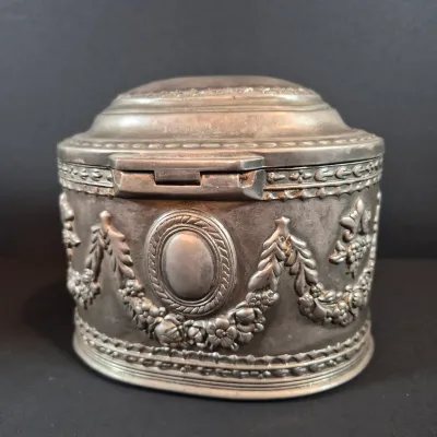 LOT 114: Vintage Glass Pedestal with Metal Flower Fog & Metal Vanity Box Casket with Red Velvet Lining